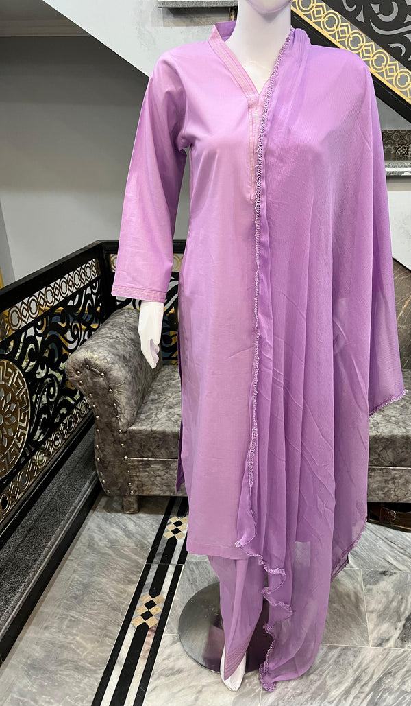 Sadgi Premium – Lavender Lilac Lawn Suit | Farshi Shalwar | 3 Piece Stitched