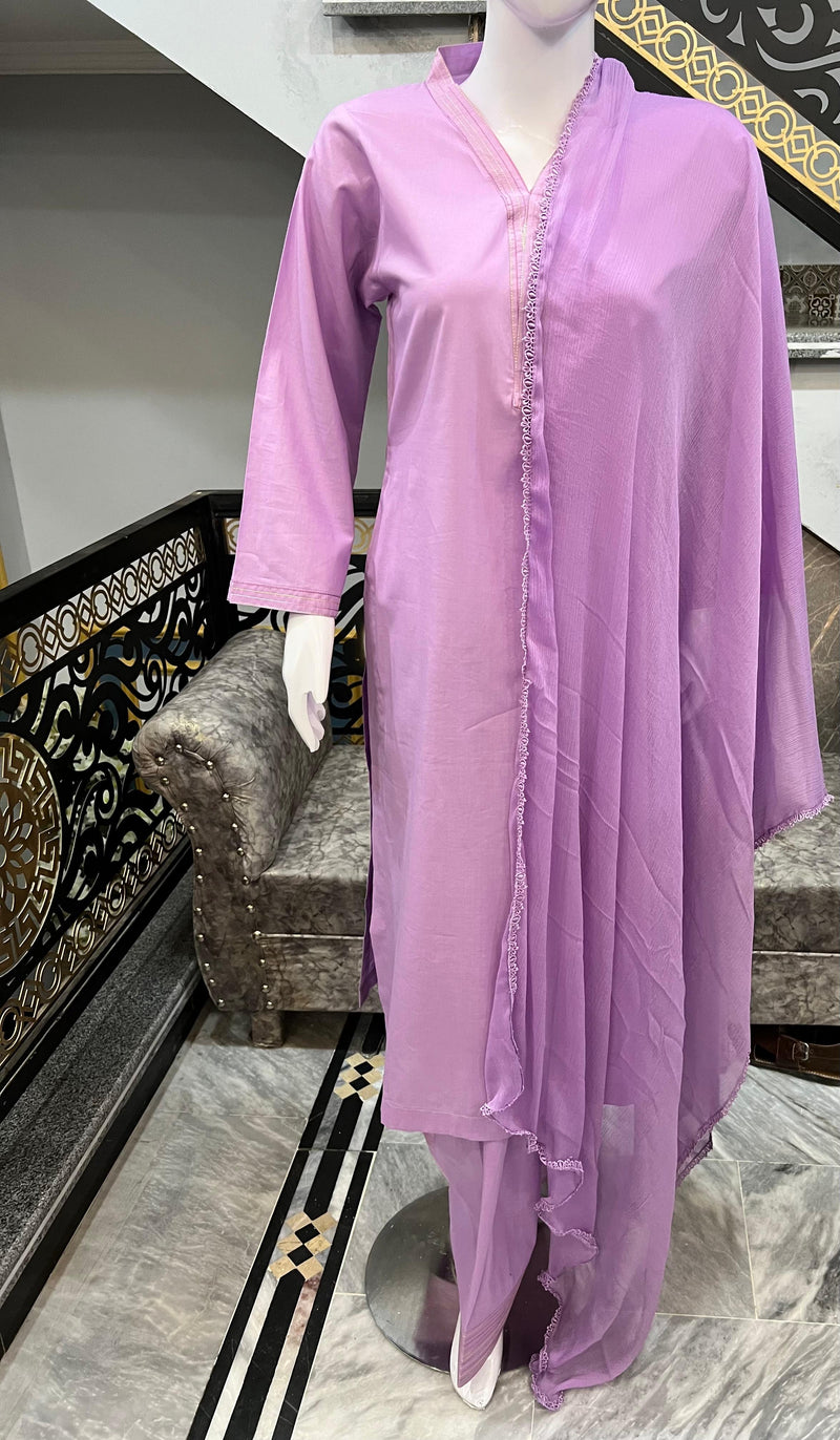 Sadgi Premium – Lavender Lilac Lawn Suit | Farshi Shalwar | 3 Piece Stitched