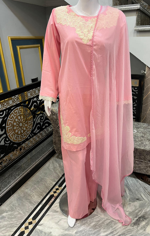 Sadgi Premium – Baby Pink Lawn Suit | Plazo | 3 Piece Stitched